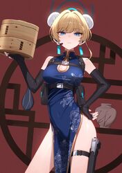  alternate_costume bamboo_steamer black_gloves blonde_hair blue_archive blue_dress blue_eyes blue_halo breasts bun_cover china_dress chinese_clothes closed_mouth cowboy_shot dress earpiece elbow_gloves female fingerless_gloves gloves greenkohgen gun halo highres looking_at_viewer medium_breasts pouch short_hair sleeveless sleeveless_dress solo thigh_pouch toki_(blue_archive) weapon 