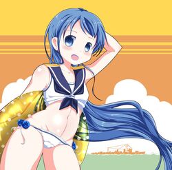  arm_behind_head bikini blue_eyes blue_hair collarbone female holding holding_swim_ring kantai_collection long_hair navel sailor_collar samidare_(kancolle) side-tie_bikini_bottom solo swim_ring swimsuit very_long_hair yamaneko_suzume 