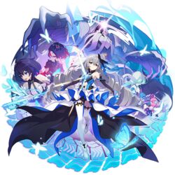  5girls black_hair blue_eyes blue_hair bronya_zaychik bronya_zaychik_(herrscher_of_reason) drill_hair full_body grey_eyes grey_hair hair_ornament holding honkai_(series) honkai_impact_3rd horns liliya_olenyeva monster multicolored_hair multiple_girls official_art pink_hair red_hair rozaliya_olenyeva seele_(alter_ego) seele_vollerei seele_vollerei_(stygian_nymph) short_hair skirt thighhighs third-party_source tlaloc_(honkai_impact) transparent_background two-tone_hair 