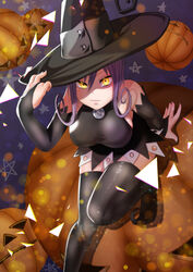  absurdres adjusting_clothes adjusting_headwear animal_ears black_headwear black_sleeves blair_(soul_eater) boots breasts cat_ears cat_girl detached_sleeves feline female halloween hat highres jack-o&#039;-lantern large_breasts long_hair long_sleeves night night_sky occul_lab pumpkin purple_hair sitting sky soul_eater thigh_boots thighhighs thighs tongue witch witch_hat yellow_eyes 