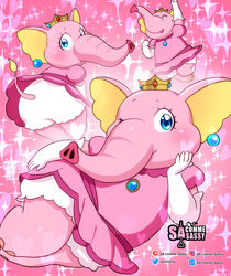  absurdres arm_up artist_name bad_id bad_pixiv_id bloomers blue_eyes closed_eyes crown dress earrings elbow_gloves elephant elephant_peach english_commentary female gloves heart highres instagram_username jewelry looking_back lying mario_(series) multiple_views on_side patreon_username pink_background pink_dress pink_theme pixiv_username princess_peach sasa_tseng sphere_earrings super_mario_bros._wonder twitter_username watermark white_bloomers yellow_nails 