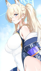  animal_ear_fluff animal_ears black_jacket blonde_hair blue_archive blue_eyes blue_halo blush breasts clenched_teeth competition_swimsuit covered_navel cowboy_shot dog_ears female groin hair_over_one_eye halo highres jacket kanna_(blue_archive) kanna_(swimsuit)_(blue_archive) large_breasts long_hair looking_at_viewer nonbire official_alternate_costume one-piece_swimsuit open_clothes open_jacket sharp_teeth solo swimsuit teeth wet white_one-piece_swimsuit 