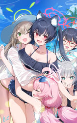  +_+ 5girls ahoge animal_ear_fluff animal_ears ayane_(blue_archive) ayane_(swimsuit)_(blue_archive) bare_arms bare_legs bare_shoulders bikini black_bikini black_hair black_one-piece_swimsuit blue_archive blue_eyes blue_halo blush cat_ears closed_eyes competition_swimsuit cross_hair_ornament day ev_(dai00888) extra_ears foreclosure_task_force_(blue_archive) frilled_bikini frills glasses green_eyes green_halo grey_hair hair_between_eyes hair_ornament halo hat highres hoshino_(blue_archive) hoshino_(swimsuit)_(blue_archive) jacket light_brown_hair long_hair long_sleeves low_twintails medium_hair multiple_girls nonomi_(blue_archive) nonomi_(swimsuit)_(blue_archive) oerba_yun_fang official_alternate_costume one-piece_swimsuit one_eye_closed open_mouth outdoors pink_hair pink_halo pointy_ears red-framed_eyewear red_eyes red_halo see-through see-through_jacket see-through_sleeves serika_(blue_archive) serika_(swimsuit)_(blue_archive) shiroko_(blue_archive) shiroko_(swimsuit)_(blue_archive) short_hair smile swimsuit twintails white_bikini white_hat white_jacket wolf_ears yellow_bikini 