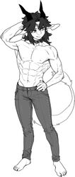  2023 abs anthro black_hair bottomwear chabett clothing collar dragon feet ftm_crossgender hair hand_on_hip hi_res humanoid_feet line_art male monochrome mythological_creature mythological_scalie mythology navel nipples pants pgm300 plantigrade rule_63 scalie short_hair solo tail 