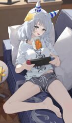  alternate_costume animal_ears bare_legs barefoot breasts brown_eyes commentary couch desk ear_covers ear_ornament feet female foot_out_of_frame grey_hair grey_shorts highres hishi_miracle_(umamusume) horse_ears horse_girl horse_tail indoors juice_box legs looking_at_viewer medium_breasts medium_hair ningen_gokko nintendo_switch on_couch open_mouth pillow shirt short_shorts short_sleeves shorts smile solo tail toenails toes umamusume white_shirt 