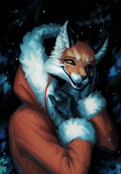  2023 absurd_res alice_the_vixen canid canine clothing evening fangs female forest fox fur gloves handwear hi_res mammal mask oveipoartist plant smile snow solo teeth tiny_bunny tree winter winter_coat yellow_eyes 