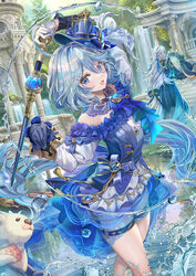  1boy :d alternate_costume animal architecture ascot asymmetrical_gloves bare_shoulders black_gloves black_straps blubberbeast_(genshin_impact) blue_ascot blue_coat blue_dress blue_eyes blue_gemstone blue_hair blue_headwear breasts choker coat dancing day detached_collar dress drop-shaped_pupils facing_away feet_out_of_frame female floating_hair frills furina_(genshin_impact) gazebo gem genshin_impact gloves gradient_ascot greco-roman_architecture hair_between_eyes hat highres holding holding_animal holding_sword holding_weapon hydrokinesis jewelry juliet_sleeves lace lace_choker left-handed leisurely_otter_(genshin_impact) long_hair long_sleeves looking_at_viewer low-tied_long_hair md5_mismatch mismatched_gloves mismatched_pupils necklace neuvillette_(genshin_impact) off-shoulder_dress off_shoulder open_mouth otter puffy_sleeves reflection reflective_water sash seal_(animal) see-through see-through_dress shorts shorts_under_dress shoulder_sash small_breasts smile solo_focus splendor_of_tranquil_waters_(genshin_impact) sword symbol-shaped_pupils thigh_strap tilted_headwear top_hat torino_aqua water water_drop waterfall weapon white_gloves white_shorts white_sleeves 