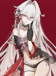  2024 :p absurdly_long_hair absurdres arm_at_side bare_shoulders black_gloves black_panties bow breasts bright_pupils chinese_commentary cleavage commentary_request cowboy_shot dated detached_sleeves female gloves groin hair_between_eyes hair_intakes hairbow hand_up highres honkai_(series) honkai_impact_3rd index_finger_raised large_bow long_hair looking_at_viewer medium_breasts navel panties purple_bow purple_eyes red_background red_bow red_sleeves side-tie_panties side_horn sidelocks signature solo stomach thelema_(honkai_impact) thigh_strap tongue tongue_out underwear very_long_hair white_hair white_pupils yisjhui 