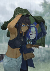  2girls absurdres animal_ears arm_up armpits arms_up bag bare_shoulders black_hair blue_hair blue_jacket cesario_(umamusume) closed_mouth commentary_request cowboy_shot cropped_shirt dark-skinned_female dark_skin ear_ornament earrings green_jacket hair_between_eyes highres holding holding_bag horse_ears horse_girl horse_tail jacket jewelry long_hair midriff multicolored_hair multiple_girls navel necklace official_alternate_costume open_mouth panties paper_bag ponytail purple_eyes rain shirt single_earring sinnra_art sleeveless sleeveless_shirt streaked_hair symboli_kris_s_(umamusume) tail umamusume underwear unworn_jacket wet wet_clothes wet_hair wet_jacket wet_pants wet_shirt white_hair white_panties 