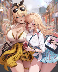  2girls :d absurdres amesuku_gyaru animal_print artist_name bag barbell_piercing bead_bracelet beads black_choker blonde_hair blurry blurry_background bra bra_peek bracelet breasts cellphone chinese_commentary choker cleavage clothes_around_waist collarbone colored_tips commentary_request copyright_name cowboy_shot crossover ear_piercing earrings glint goddess_of_victory:_nikke gold_nails green_eyes gyaru hair_between_eyes hair_ornament hairclip hand_on_another&#039;s_shoulder highres holding holding_phone hoop_earrings hui_z_jie jacket jacket_around_waist jewelry kitagawa_marin kogal large_breasts leopard_print long_hair looking_at_phone multicolored_hair multiple_bracelets multiple_girls nail_polish necklace oerba_yun_fang open_mouth outdoors phone piercing pink_eyes pink_nails plaid plaid_skirt rupee_(nikke) shirt shopping_bag sidelocks skirt smartphone smile sono_bisque_doll_wa_koi_wo_suru split_ponytail standing sunglasses teeth thigh_strap underwear unworn_eyewear voice_actor_connection white_shirt yellow_jacket yellow_skirt 