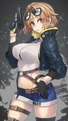  black_gloves black_jacket bra bra_peek breasts brown_hair closed_mouth commentary_request commission cowboy_shot cropped_jacket denim denim_shorts eyewear_on_head female fur-trimmed_jacket fur_trim girls&#039;_frontline gloves grizzly_mkv_(girls&#039;_frontline) grizzly_win_mag gun hand_up holding holding_gun holding_weapon jacket looking_at_viewer open_clothes open_jacket partially_fingerless_gloves pote0508 purple_eyes short_hair short_shorts shorts simple_background skeb_commission solo sunglasses trigger_discipline two-tone_gloves underwear weapon yellow_gloves 