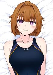  absurdres armpit_crease bare_shoulders bed_sheet blue_one-piece_swimsuit blush breasts brown_hair collarbone commentary_request competition_school_swimsuit competition_swimsuit covered_navel female girls&#039;_frontline gold_one-piece_swimsuit gotoo grizzly_mkv_(girls&#039;_frontline) hair_intakes highres large_breasts looking_at_viewer lying multicolored_clothes multicolored_swimsuit on_back on_bed one-piece_swimsuit purple_eyes school_swimsuit short_hair smile solo swimsuit 