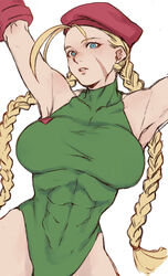  abs beret blonde_hair blue_eyes breasts cammy_white female hat leotard looking_at_viewer muscular muscular_female scar scar_on_cheek scar_on_face solo street_fighter twintails yasunososaku 