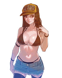  baseball_cap bikini black_bikini black_hair black_thighhighs breasts collarbone davecavedraws denim denim_skirt elbow_pads english_commentary female final_fantasy final_fantasy_vii final_fantasy_vii_ever_crisis frayed_clothes frayed_shorts halterneck hat highres large_breasts lips long_hair looking_to_the_side navel official_alternate_costume red_eyes simple_background single_elbow_pad skirt solo swimsuit thighhighs tifa_lockhart tifa_lockhart_(lifeguard) two-tone_headwear 