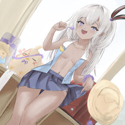  :d azur_lane bare_shoulders blonde_hair blue_skirt blue_vest blush breasts candy clothes_lift commentary_request dark-skinned_female dark_skin female food from_below hair_between_eyes hair_ribbon hand_up hip_focus holding holding_candy holding_food holding_lollipop indoors lollipop long_hair looking_at_viewer looking_down midriff miniskirt mumei_shumi navel no_bra nude oerba_yun_fang open_clothes open_vest panties panty_peek pleated_skirt presenting purple_eyes ribbon skirt skirt_lift small_breasts smile smug solo striped_ribbon teasing thigh_gap thighs u-31_(azur_lane) u-31_(let&#039;s_go_home)_(azur_lane) unbuttoned underwear very_long_hair vest 