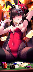  :d absurdres ace_(playing_card) alternate_costume animal_ears arched_bangs arm_behind_head arm_up armpits bare_shoulders bell black_choker black_thighhighs blush breasts brown_hair card choker cleavage commentary_request covered_navel fake_animal_ears female fishnet_pantyhose fishnets grin hand_up head_tilt highleg highleg_leotard highres honkai:_star_rail honkai_(series) indoors leotard long_hair looking_at_viewer mask mask_on_head mole mole_under_eye multiple_moles neck_bell pantyhose playboy_bunny playing_card poker_chip red_eyes red_leotard small_breasts smile solo sparkle_(honkai:_star_rail) spread_legs star_rail_special_pass_(honkai:_star_rail) strapless strapless_leotard tetori_(tetolisto) thighhighs twintails white_wrist_cuffs wrist_cuffs 