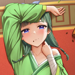  arm_over_head bandaged_arm bandages blue_eyes blush chinese_clothes dakimakura_(medium) female food food_on_face freckles green_hair hanfu highres keine09 kusuriya_no_hitorigoto looking_at_viewer maomao_(kusuriya_no_hitorigoto) parted_lips solo 