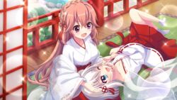  2girls :d ;d blue_eyes braid breasts cleavage collarbone crown_braid dot_nose film_grain floral_print game_cg haeno_akari hair_bun hair_ornament hakama hand_on_another&#039;s_chin hand_on_another&#039;s_head izumi_tsubasu japanese_clothes kosode lap_pillow large_breasts lens_flare long_hair lying matching_outfits medium_breasts miko multiple_girls nishidate_haku non-web_source official_art on_back one_eye_closed open_mouth orange_hair purple_eyes railing re:stage! red_hakama short_hair single_off_shoulder single_side_bun smile socks sparkle white_hair white_socks wooden_floor 