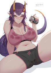  absurdres asahi_breweries beer_can blush breasts can closed_mouth crop_top drink_can female highres holding holding_can horns indie_virtual_youtuber large_breasts long_hair looking_at_viewer myth1carts navel oni oni_horns onigiri_(vtuber) onigiri_(vtuber)_(6th_costume) pink_shirt pointy_ears purple_hair shirt shorts simple_background sitting solo spread_legs tail virtual_youtuber white_background yellow_eyes 