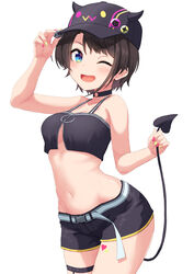  :d absurdres bare_shoulders baseball_cap belt belt_buckle bibi_(tokoyami_towa) black_choker black_hat black_shorts black_tank_top blue_eyes blush breasts brown_hair buckle choker collarbone commentary_request cosplay cowboy_shot crop_top demon_tail fake_horns female green_nails hat hat_pin hat_tip heart highres holding_own_tail hololive horned_headwear horns legwear_garter long_sleeves looking_at_viewer medium_breasts midriff navel nushiya_(ayihsem) o-ring o-ring_choker off_shoulder one_eye_closed oozora_subaru open_mouth pink_nails short_hair short_shorts shorts simple_background single_legwear_garter smile solo standing stomach tail tank_top thigh_strap tokoyami_towa tokoyami_towa_(1st_costume) tokoyami_towa_(cosplay) tomboy two-sided_fabric v-shaped_eyebrows virtual_youtuber white_background white_belt 