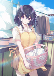  40hara absurdres apron balcony black_eyes black_hair blue_sky breasts brown_skirt cleavage clothes_pin clothesline cloud cloudy_sky collared_shirt commentary_request cover cover_page day drying drying_clothes female hair_between_eyes highres large_breasts laundry_basket laundry_pole looking_at_viewer miniskirt novel_cover novel_illustration official_art open_mouth original pleated_skirt shirt short_hair short_sleeves skirt sky solo white_shirt yellow_apron 