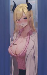  blonde_hair blue_eyes blurry blurry_background blush breast_tattoo breasts cleavage collarbone commentary demon_girl demon_horns doorway female frilled_shirt frills haro_art heart heart-shaped_pupils highres hololive horns lab_coat large_breasts long_hair looking_at_viewer parted_lips pink_shirt pointy_ears red_pupils revision shirt solo straight_hair symbol-shaped_pupils tattoo virtual_youtuber yuzuki_choco yuzuki_choco_(1st_costume) 