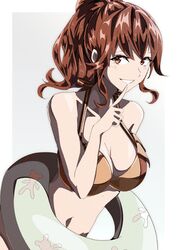  absurdres animal_print anna_(fire_emblem) bare_shoulders bear_print bikini breasts cleavage female fire_emblem fire_emblem_awakening highres index_finger_raised innertube long_hair looking_at_viewer navel official_alternate_costume ponytail red_eyes red_hair solo swim_ring swimsuit to_(tototo_tk) upper_body 