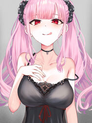  absurdres armpit_crease black_nightgown black_scrunchie blush breasts collarbone female grey_background hand_on_own_chest hello_haru highres hololive hololive_english large_breasts licking_lips long_hair looking_at_viewer mori_calliope mori_calliope_(sleepwear) nightgown official_alternate_costume pale_skin pink_hair pink_nails red_eyes red_ribbon ribbon scrunchie see-through sidelocks skull_choker strap_slip sweat tongue tongue_out twintails upper_body virtual_youtuber 