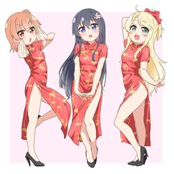  3girls :3 :d absurdres arm_behind_head arm_up black_footwear black_hair blonde_hair blush border bow breasts china_dress chinese_clothes commentary_request dress flower full_body green_eyes hair_between_eyes hair_flower hair_ornament hairbow hands_up heel_up high_heels highres himesaka_noa hoshino_hinata leg_up long_dress long_hair looking_at_viewer multiple_girls one_side_up open_mouth orange_hair outside_border pelvic_curtain pink_background pink_flower print_dress pumps purple_eyes red_bow red_dress red_eyes shirosaki_hana short_hair short_sleeves sidelocks simple_background small_breasts smile standing standing_on_one_leg very_long_hair warukusu watashi_ni_tenshi_ga_maiorita! white_border 