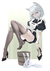  absurdres alternate_costume animal_ears apron arknights black_dress black_footwear brown_thighhighs bucket cat_ears cat_girl dangyang_p dorsiflexion dress enmaided feet female fine_fabric_emphasis floating foot_focus grey_eyes grey_hair high_heels highres holding holding_clothes holding_footwear holding_shoes kal&#039;tsit_(arknights) legs looking_at_viewer maid medium_hair no_shoes shoes single_shoe solo thighhighs toes unworn_thighhighs wet white_apron 