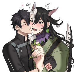  2boys animal_ears ashiya_douman_(fate) bell black_gloves black_hair black_jacket blush cat_ears cat_tail closed_eyes command_spell earrings fangs fate/grand_order fate_(series) fingernails fujimaru_ritsuka_(male) fujimaru_ritsuka_(male)_(polar_chaldea_uniform) gloves green_nails hair_between_eyes heart jacket jewelry jingle_bell kemonomimi_mode kissing kissing_cheek magatama magatama_earrings male_focus multicolored_hair multiple_boys open_mouth seum_(kao_husband) sharp_fingernails simple_background sound_effects split-color_hair surprised sweatdrop tail white_background white_hair yaoi 