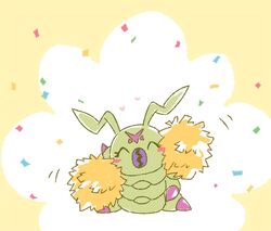  antennae_(anatomy) arthropod bandai_namco blush caterpillar cheerleader closed_eyes confetti digimon digimon_(species) feral gdn0522 green_body insects larva male mandibles pom_poms segmented_body smile solo wormmon 