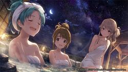  3girls breasts brown_eyes brown_hair collarbone hair_up hand_up idolmaster idolmaster_million_live! idolmaster_million_live!_theater_days looking_at_another medium_breasts miyao_miya multiple_girls my_pace_unit_(idolmaster) naked_towel night night_sky official_art onsen outdoors parted_bangs partially_submerged round_teeth sky smile star_(sky) starry_sky teeth tenkubashi_tomoka tokugawa_matsuri towel upper_body upper_teeth_only water wet 