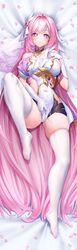  absurdres bare_shoulders black_shorts breasts cleavage clothing_cutout dakimakura_(medium) dress elbow_gloves elysia_(herrscher_of_human:_ego)_(honkai_impact) elysia_(honkai_impact) falling_petals female gloves hair_between_eyes highres honkai_(series) honkai_impact_3rd large_breasts long_hair looking_at_viewer lying on_back on_bed petals pink_hair purple_eyes shorts side_cutout solo thighhighs thighs triquetra very_long_hair white_dress white_gloves white_thighhighs white_veil xfate zettai_ryouiki 