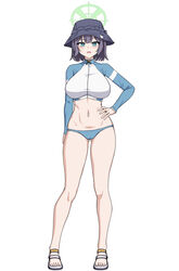  aqua_eyes bikini black_hat blue_archive blue_bikini blue_jacket blush breasts bucket_hat cropped_jacket female full_body grey_hair halo hat highres jacket large_breasts long_sleeves looking_at_viewer multicolored_clothes multicolored_jacket muta_poo navel open_mouth rash_guard saki_(blue_archive) saki_(swimsuit)_(blue_archive) sandals short_hair sidelocks solo swimsuit two-tone_jacket white_jacket 