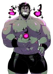  1boy bara beard black_shorts bulge chest_hair colored_skin cowboy_shot dungeons_&amp;_dragons facial_hair garza_(kokukokuboo) green_skin grin hairy highres huge_pectorals kokukokuboo magic male_focus mature_male monster_boy muscular muscular_male navel navel_hair nipples orc original pointy_ears sanpaku scar short_hair shorts smile solo star_(symbol) stomach thick_eyebrows tusks umbrakinesis 