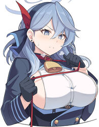  ako_(blue_archive) bell black_gloves blue_archive blue_eyes blue_hair blue_jacket breasts clothing_cutout collar female gloves jacket large_breasts long_sleeves medium_hair neck_bell puffy_long_sleeves puffy_sleeves shirt shiseki_hirame sideboob sideless_shirt sleeveless sleeveless_shirt solo sweat upper_body white_background 