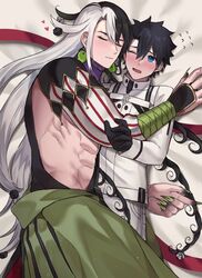  2boys abs ashiya_douman_(fate) bell black_gloves black_hair blue_eyes blush chaldea_logo closed_eyes closed_mouth earrings embarrassed fate/grand_order fate_(series) fujimaru_ritsuka_(male) fujimaru_ritsuka_(male)_(decisive_battle_chaldea_uniform) gloves green_nails hair_bell hair_between_eyes hair_ornament heart highres hug jewelry long_hair long_sleeves lying magatama magatama_earrings male_focus multicolored_hair multiple_boys on_side open_mouth pants red_ribbon ribbon seum_(kao_husband) shirt size_difference sleeping split-color_hair sweatdrop very_long_hair white_pants white_shirt yaoi 