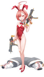  absurdres animal_ears bare_legs blue_archive bow bowtie braid commentary detached_collar dual_wielding fake_animal_ears female full_body gun halo highres holding jacket legs leotard looking_at_viewer matmaj mole mole_under_eye neru_(blue_archive) neru_(bunny)_(blue_archive) official_alternate_costume orange_hair playboy_bunny print_jacket rabbit_ears red_bow red_bowtie red_eyes red_leotard sig_mpx simple_background single_braid solo standing strapless strapless_leotard submachine_gun sukajan unworn_jacket weapon white_background 