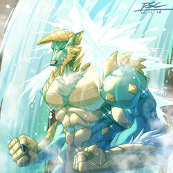  1:1 2020 5_fingers abs absurd_res anthro artist_name biceps black_nose blue_body canid canine canis capcom chest_tuft claws closed_eyes dated fanged_wyvern fansl fingers fist glint hi_res horn male mammal meditation monster_hunter muscular muscular_anthro muscular_male pecs signature solo tuft waterfall weibo weibo_logo wet wolf zinogre 