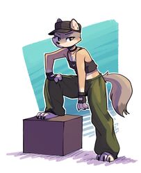  2024 anthro barefoot big_pant_or_big_jakt_(meme) biped bottomwear box brown_body brown_fur canid canine cheek_tuft chest_tuft choker claws clothed clothing container crop_top ear_piercing ear_stud facial_tuft feet female finger_claws fingerless_gloves fox fuel_(artist) fur furgonomic_hat furgonomic_headwear furgonomics gloves gloves_(marking) grey_body grey_fur handwear hat headgear headwear heart_necklace hi_res inner_ear_fluff jewelry looking_at_viewer mammal markings meme necklace outline pants piercing shirt signature simple_background solo swift_fox tan_body tan_fur tank_top taylor_(fuel) toe_claws topwear true_fox tuft white_background white_outline 