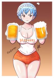  1girls alcohol alternate_costume angry annoyed bare_thighs beer blue_hair braid brown_eyes cleavage commission drink fire_emblem fire_emblem:_three_houses frown hooters large_breasts light_blue_hair looking_away marianne_von_edmund mug nintendo pout raydango shorts solo tank_top thighs waitress 