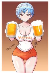  1girls alcohol alternate_costume bare_thighs beer blue_hair braid brown_eyes cleavage commission drink fire_emblem fire_emblem:_three_houses hooters large_breasts light_blue_hair looking_at_viewer marianne_von_edmund mug nintendo raydango shorts smile solo tank_top thighs waitress 