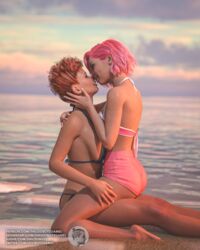  2girls 3d beach bikini clothed clothing kissing medium_breasts multiple_girls outdoor outdoors outside short_hair side_view slushe_(website) thelostboyz yuri 