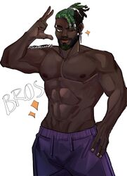  1boy abs absurdres bara beard black_hair dark-skinned_male dark_skin dreadlocks earrings facial_hair feet_out_of_frame hand_up heartsteel_k&#039;sante highres jewelry k&#039;sante_(league_of_legends) large_pectorals league_of_legends light-skinned_palms male_focus mature_male moon_(moonmoon02_l) muscular muscular_male navel nipples one_eye_closed pants pectorals purple_pants short_hair solo sparkle stomach thick_eyebrows topless_male track_pants two-tone_beard very_dark_skin 