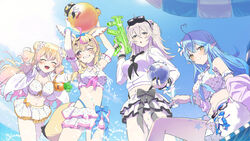  4girls ^_^ ahoge animal_ear_fluff animal_ears arm_garter arms_up ball bare_shoulders beach beach_chair beach_umbrella beachball bikini bikini_skirt black_eyes black_nails black_neckerchief blonde_hair blue_hair blush bow bracelet braid braided_ponytail breasts cleavage clenched_teeth closed_eyes closed_mouth cocktail_glass cup daifuku_(yukihana_lamy) day double_bun drinking_glass ear_piercing flower glint goggles goggles_around_neck grey_hair hair_between_eyes hair_bun hair_flower hair_ornament hairbow highres holding holding_ball holding_beachball holding_cup holding_water_gun hololive horizon jacket jewelry leg_tattoo lion_ears long_hair looking_at_viewer medium_breasts midriff momosuzu_nene multicolored_hair multiple_girls navel neckerchief nekko_(momosuzu_nene) night_vision_device omaru_polka one_eye_closed open_clothes open_jacket open_mouth outdoors piercing pointy_ears purple_eyes robotta shishiro_botan sidelocks sitting small_breasts smile splashing ssrb_(shishiro_botan) standing streaked_hair sunglasses swimsuit tail tattoo teeth umbrella v-shaped_eyebrows virtual_youtuber water_gun white_bikini white_jacket yellow_eyes yukihana_lamy zain_(omaru_polka) 