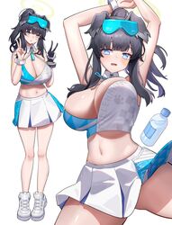  absurdres alternate_breast_size animal_ears arms_up bare_legs black_hair blue_archive blue_eyes blush bottle breasts cheerleader cleavage dishui_tangni dog_ears double_v extra_ears female gloves goggles goggles_on_head halo hibiki_(blue_archive) hibiki_(cheer_squad)_(blue_archive) highres huge_breasts looking_at_viewer midriff miniskirt multiple_views navel official_alternate_costume ouendan pleated_skirt ponytail shoes simple_background single_glove skirt sneakers sports_bra star_(symbol) star_sticker sticker_on_face stomach two-tone_sports_bra v water_bottle white_background 