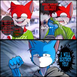  1:1 3_panel_comic anthro blue_body blue_fur blurred_background cheek_tuft clothing dialogue domestic_cat duo english_text eyewear facial_tuft fangs felid feline felis fur glasses grey_body grey_fur half-closed_eyes hi_res hoodie humor imminent_punch jay-r jay-r_(character) male mammal multicolored_body multicolored_fur narrowed_eyes open_mouth open_smile red_body red_fur shirt_grab simple_background smile sound_effects speech_bubble teeth text topwear tuft two_tone_body two_tone_fur white_body white_fur wide_eyed 