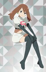  blue_eyes boots breasts brown_hair cosplay cropped_shirt earrings elbow_gloves female gloves grey_footwear grey_gloves highres invisible_chair jessie_(pokemon) jessie_(pokemon)_(cosplay) jewelry looking_at_viewer may_(pokemon) medium_breasts medium_hair midriff navel patterned_background pokemon pokemon_(anime) pokemon_rse_(anime) puffy_sleeves r3dfive shirt sitting smile solo team_rocket team_rocket_uniform thigh_boots white_shirt 