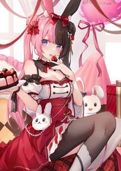  animal_ear_fluff animal_ears asymmetrical_legwear blunt_bangs blush bow bowtie breasts brown_hair cake chocolate_cake cleavage commentary_request eating fake_animal_ears female food fruit hair_bun hairbow highres holding holding_food holding_fruit holding_tray indoors iris_black_games long_hair looking_at_viewer mismatched_legwear multicolored_hair nail_polish parted_lips pink_bow pink_hair pink_nails puffy_short_sleeves puffy_sleeves purple_eyes red_bow red_bowtie red_ribbon ribbon short_sleeves single_leg_pantyhose single_thighhigh solo split-color_hair strawberry_cake tachibana_hinano_(4th_costume) tachibana_hinano_(vtuber) thighhighs touri_tarou_(misconception) tray two-tone_hair virtual_youtuber vspo! white_thighhighs 